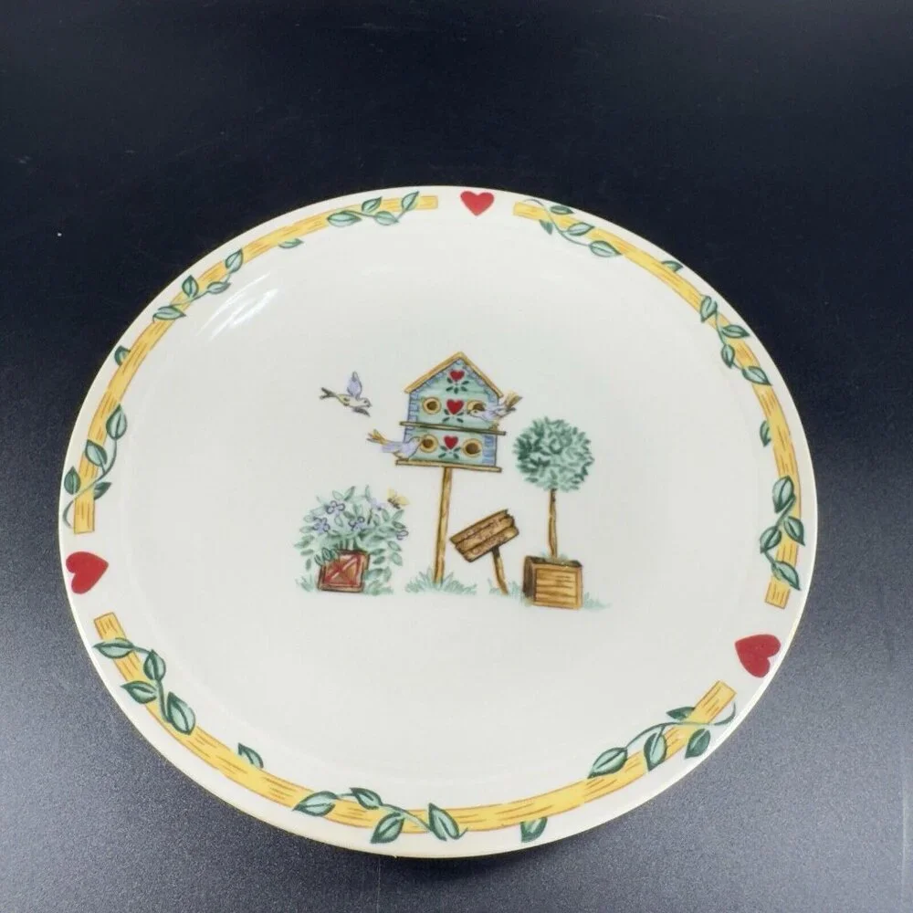 Thomson Pottery Birdhouse Plate Dish Birds Red Hearts Bluejay Set 4 Ceramic‎ 6in